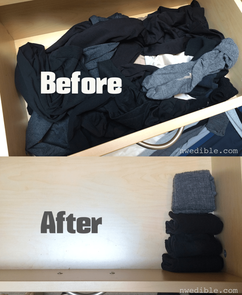 My sock drawer before and after the "Spark Joy" test.